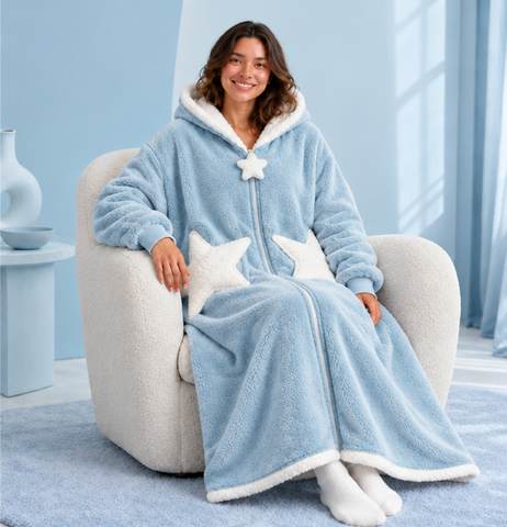 Star Pocket Sherpa Robe in Sky Blue, seated