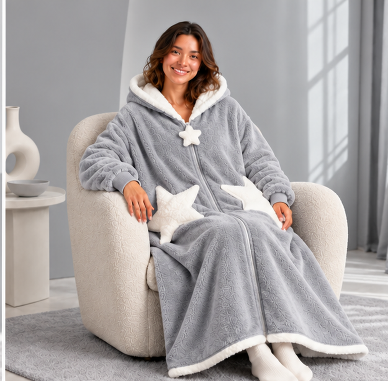 Star Pocket Sherpa Robe in Cloud Grey, seated