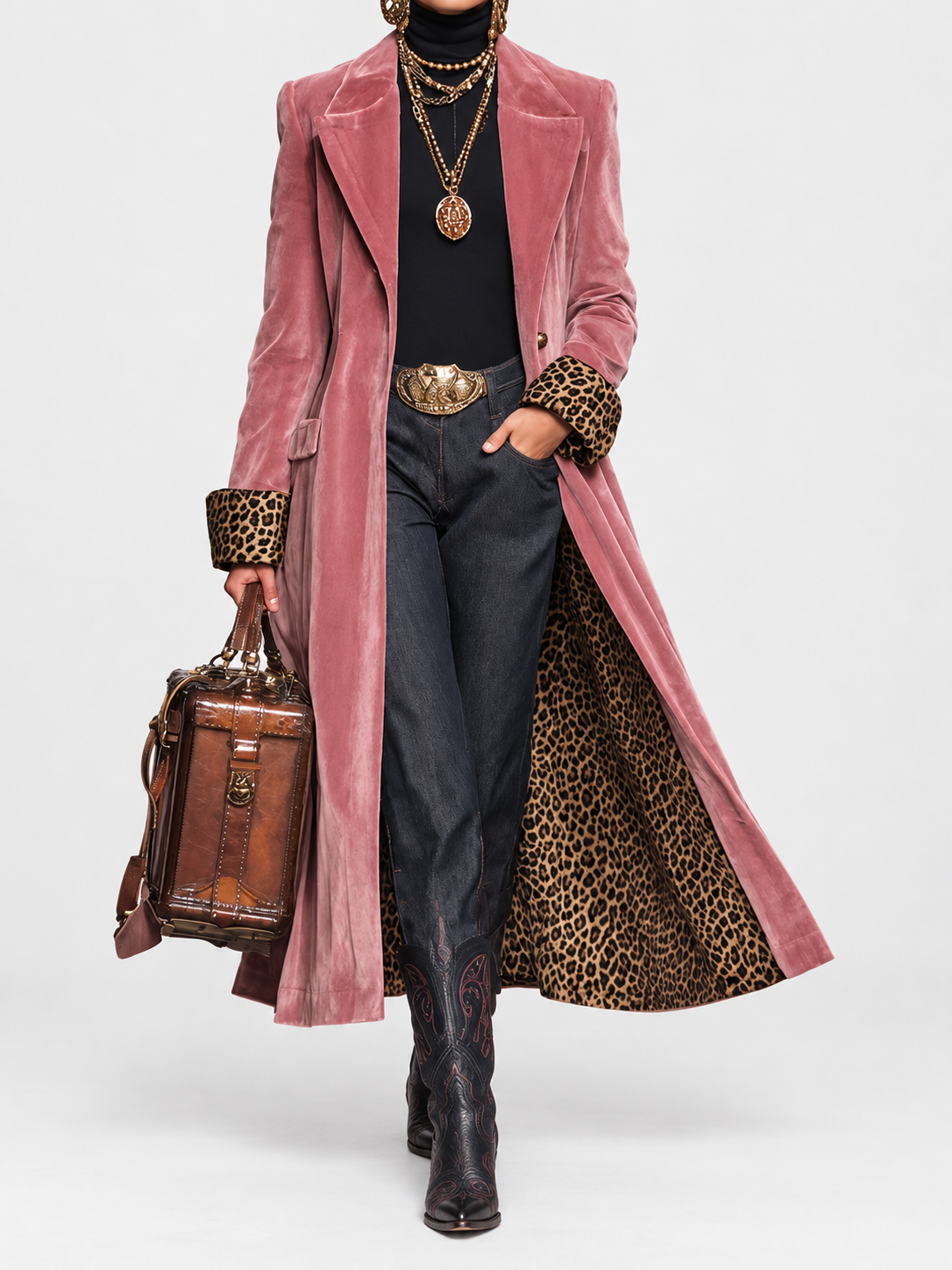 Long Tailored Coat with Leopard Lining
