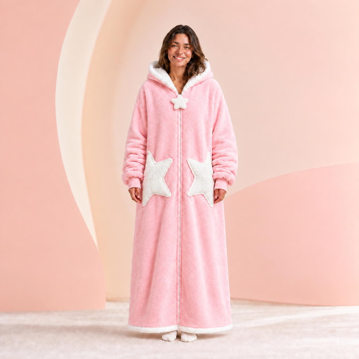 Star Pocket Sherpa Robe in Blush Pink, front view