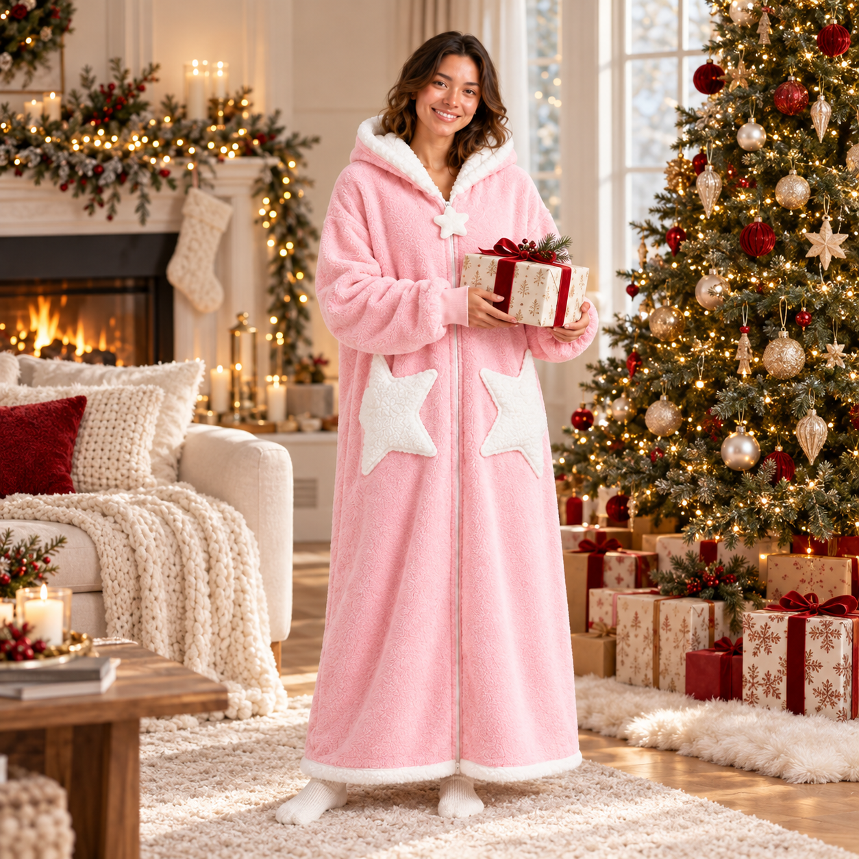 Velrenne Star Pocket Sherpa Robe in Blush Pink by the Christmas tree