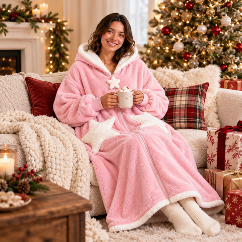 Star Pocket Sherpa Robe in Blush Pink, cosy on the sofa with a hot drink