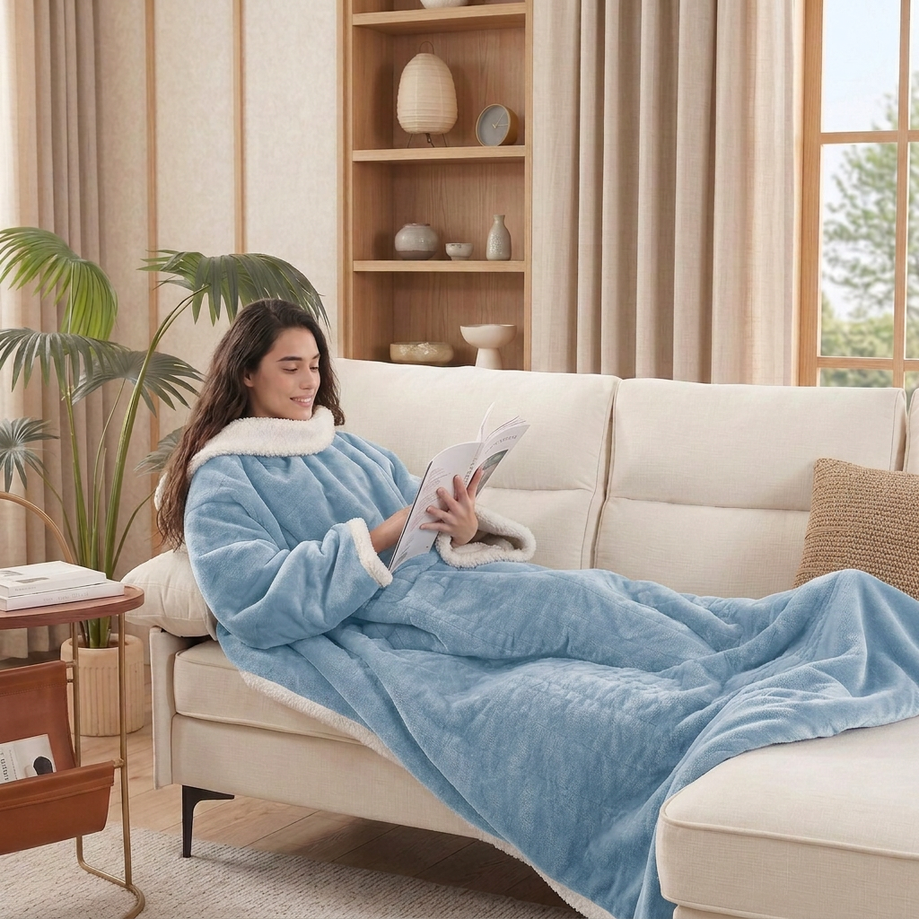 Velrenne heated wearable blanket with sleeves and foot pocket