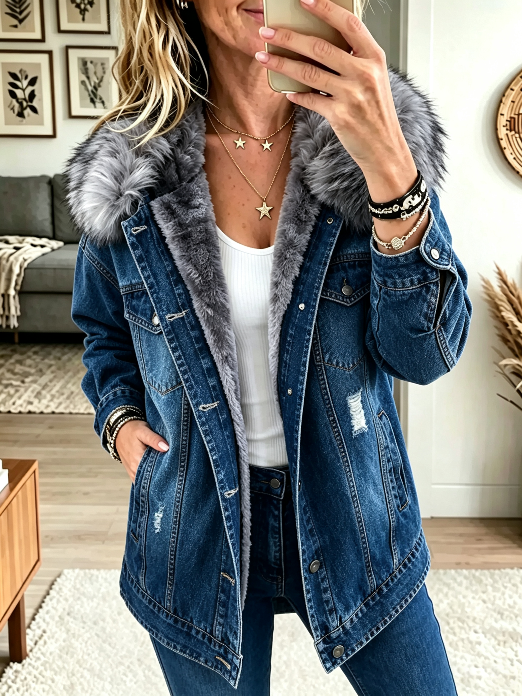 Velrenne faux-fur collar denim jacket