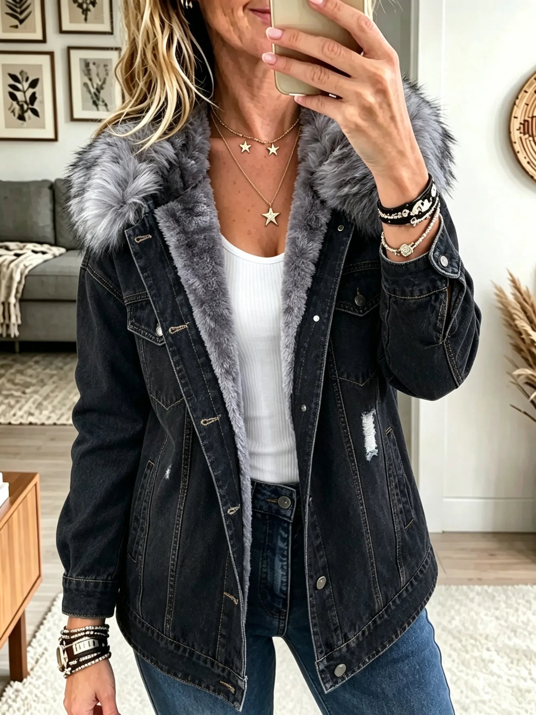 Velrenne faux-fur collar denim jacket